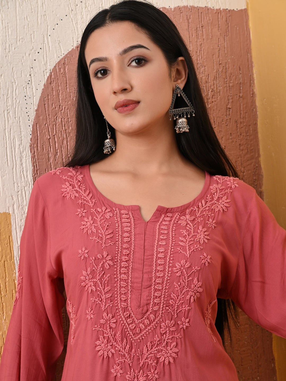 Modal Chikankari Self-embroidered Kurta Set - Rust