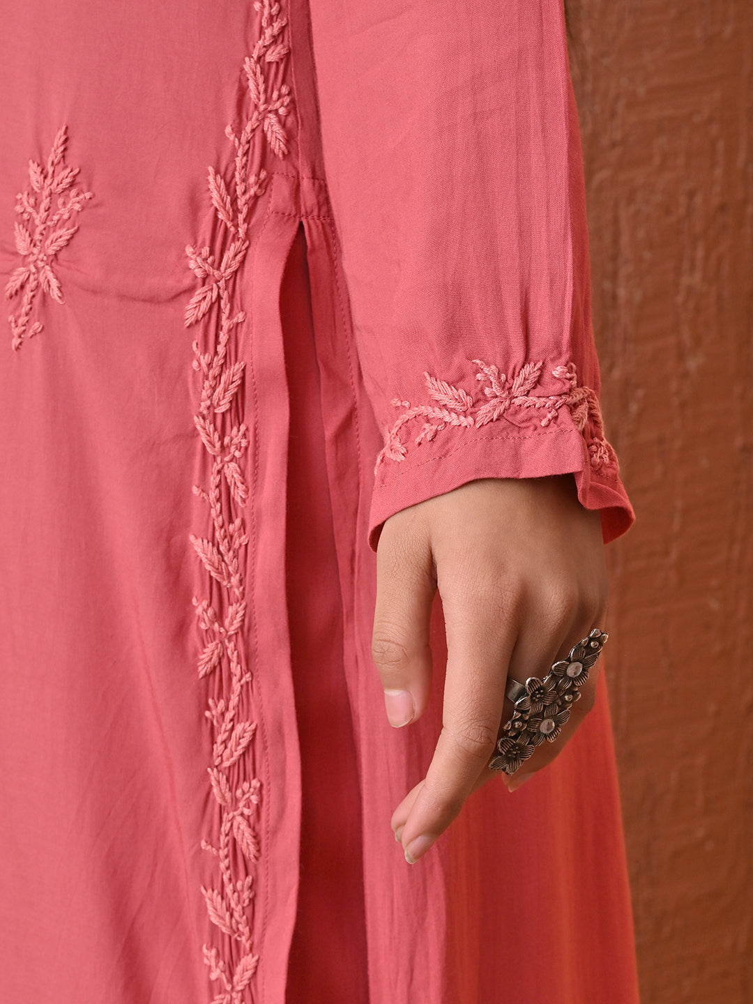 Modal Chikankari Self-embroidered Kurta Set - Rust