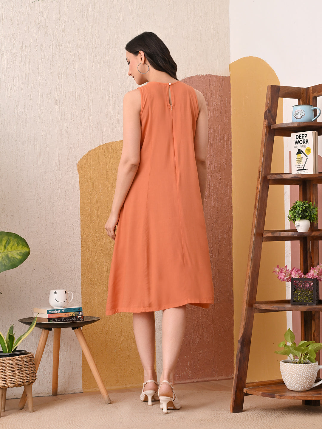 Luxe Fit & Flare Midi Chikankari Dress - ORANGE