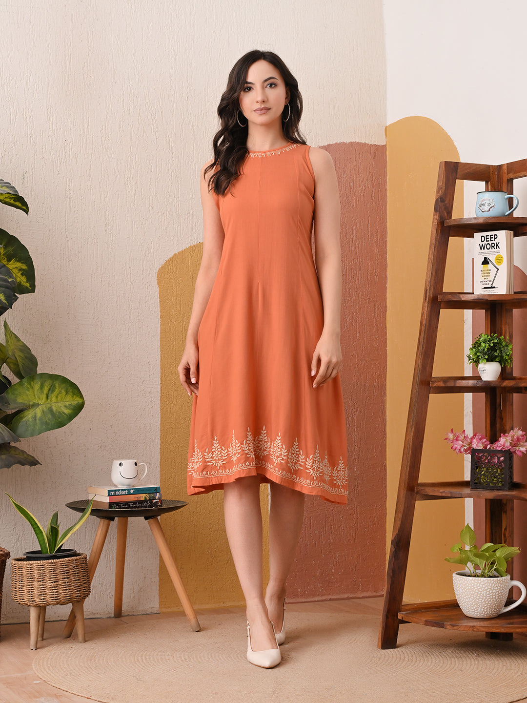 Luxe Fit & Flare Midi Chikankari Dress - ORANGE