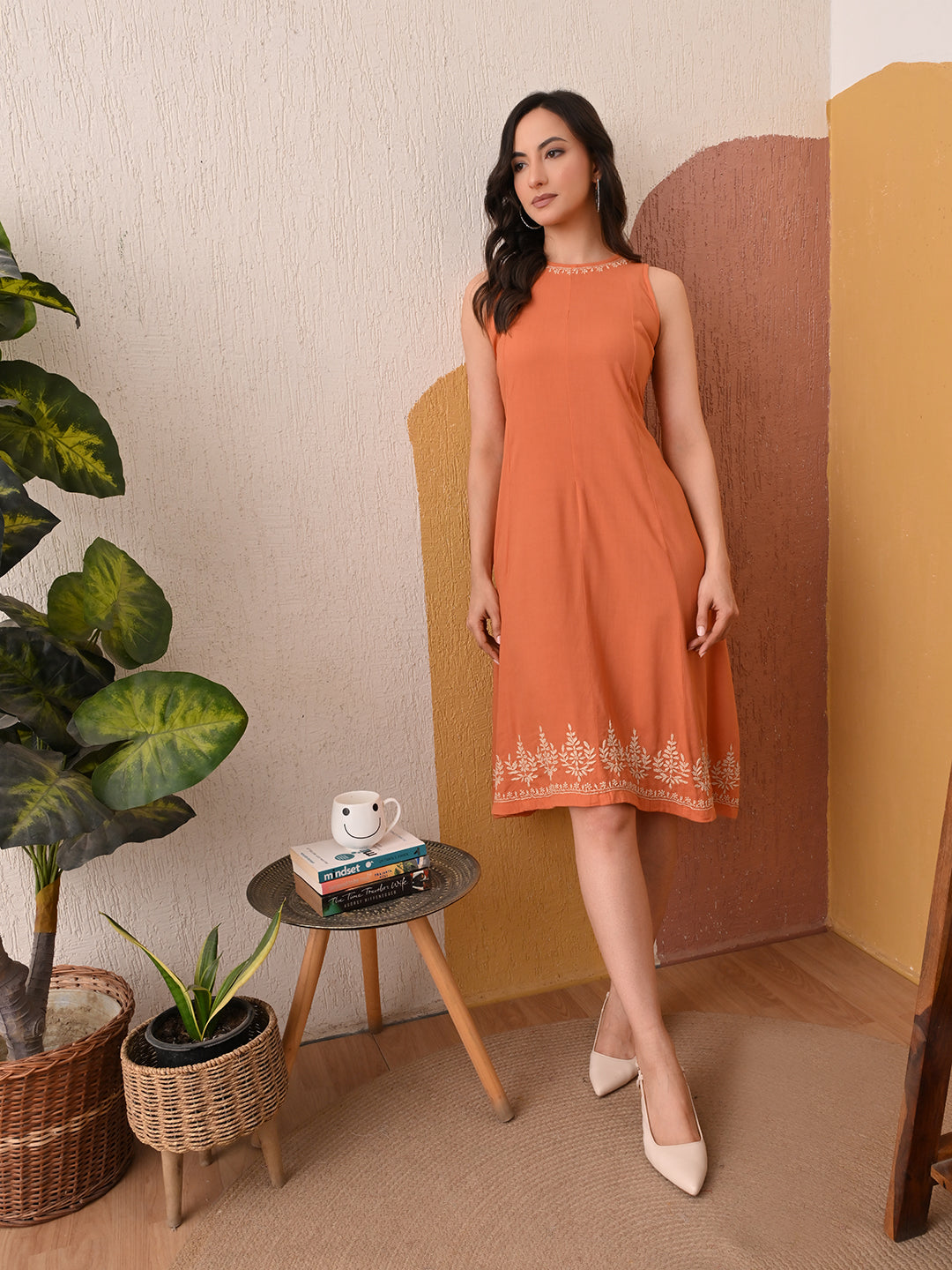 Luxe Fit & Flare Midi Chikankari Dress - ORANGE