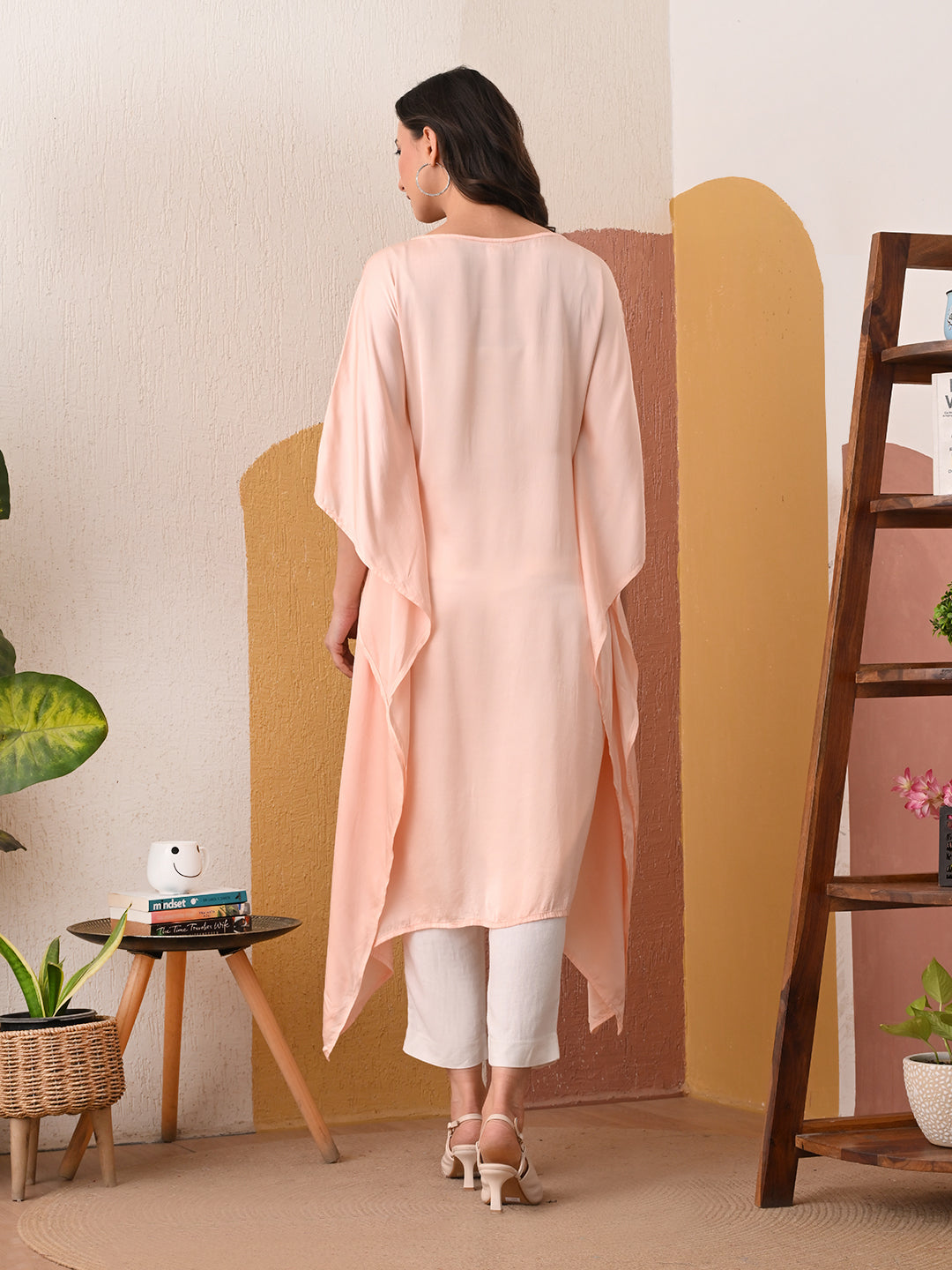 Satin Chikankari Kaftan - Peach