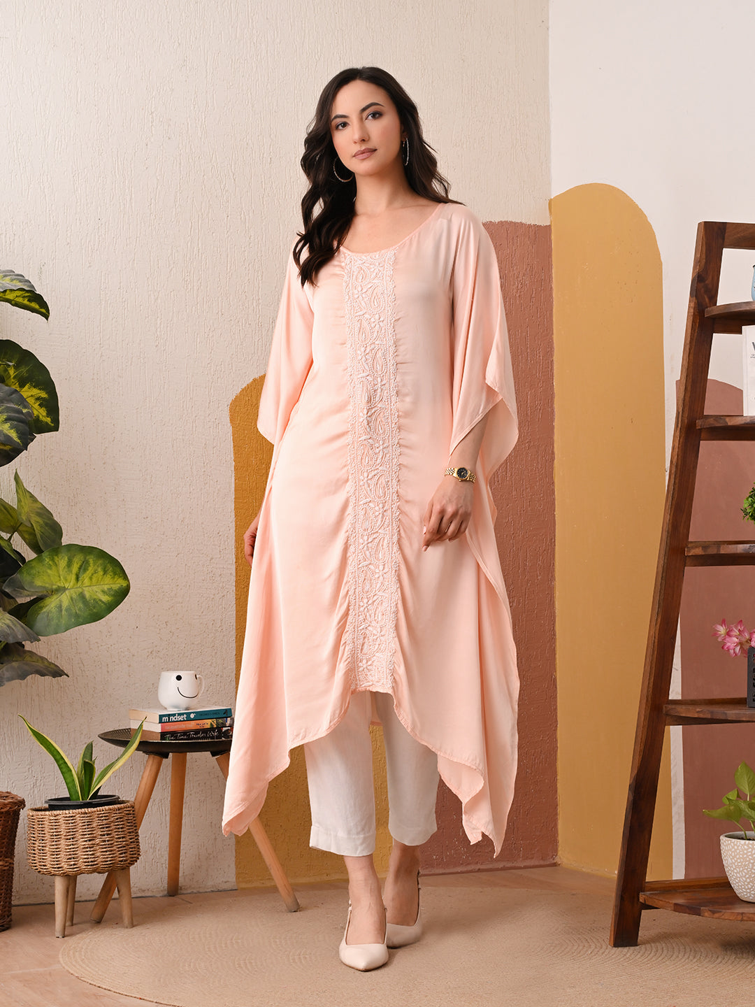 Satin Chikankari Kaftan - Peach