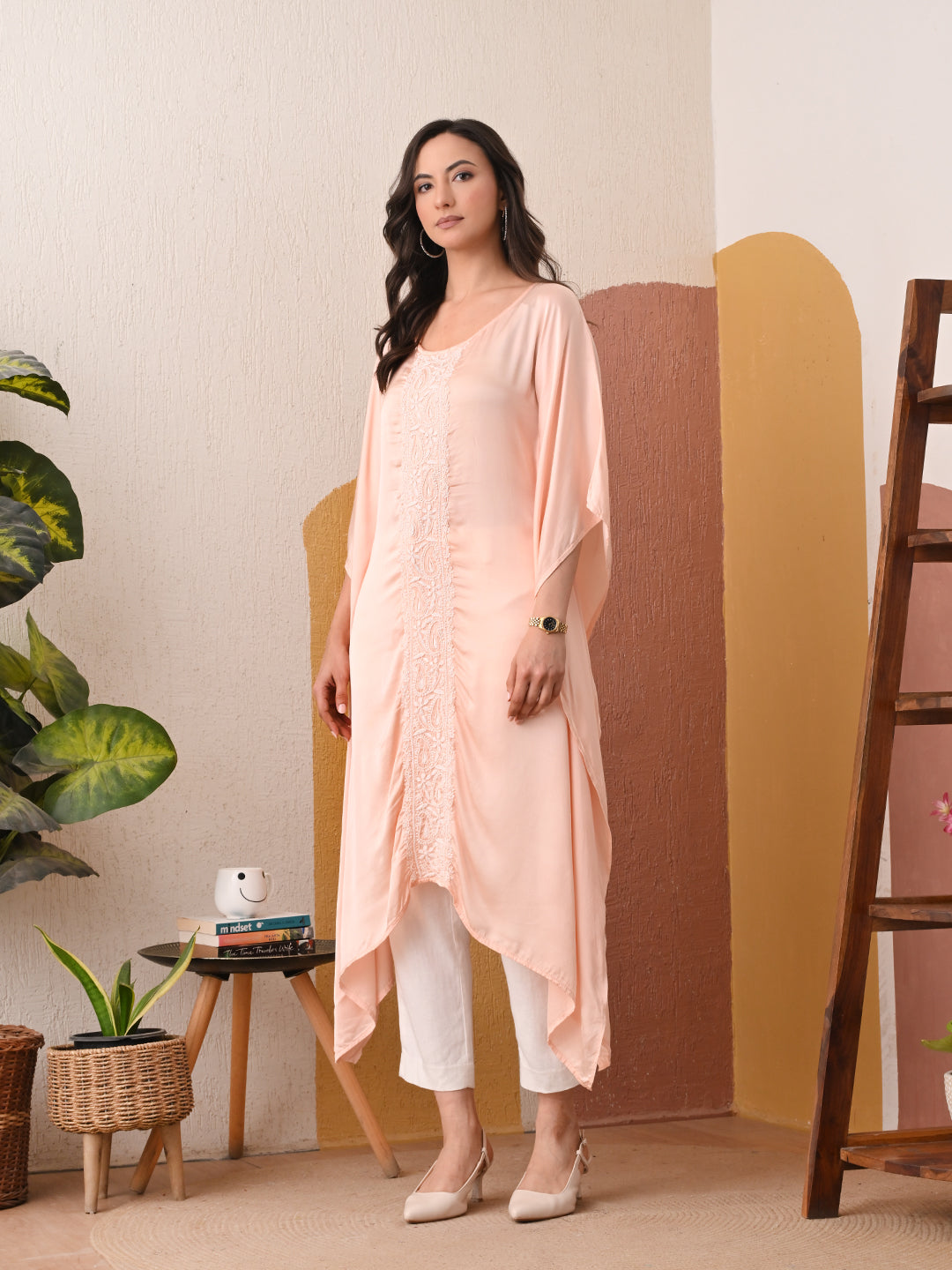 Satin Chikankari Kaftan - Peach