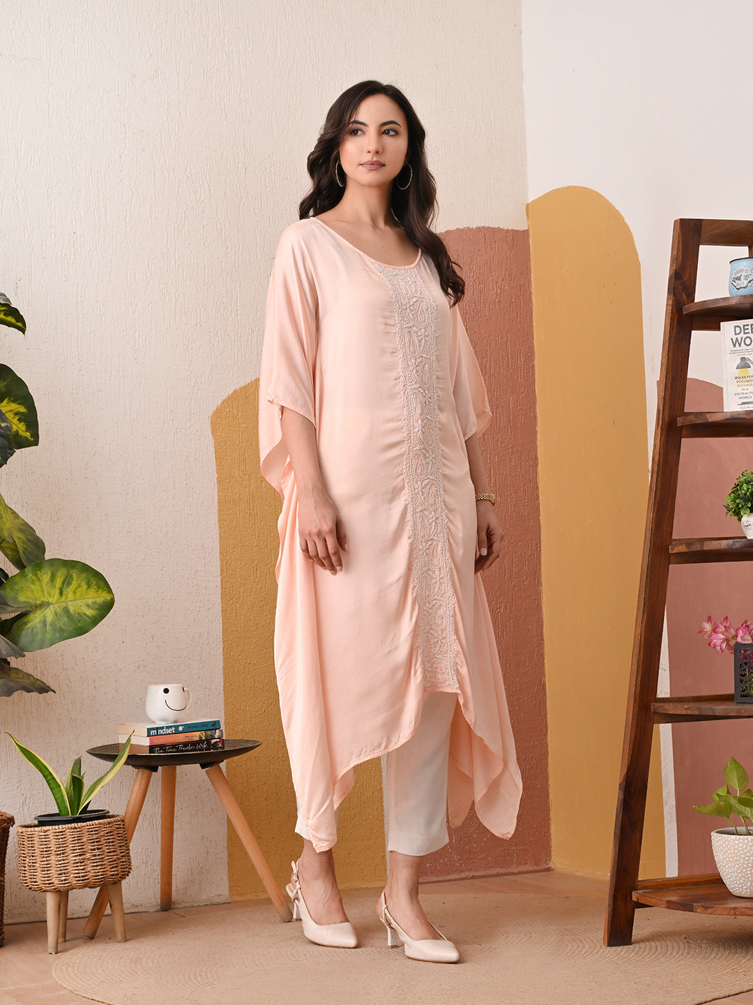 Satin Chikankari Kaftan - Peach