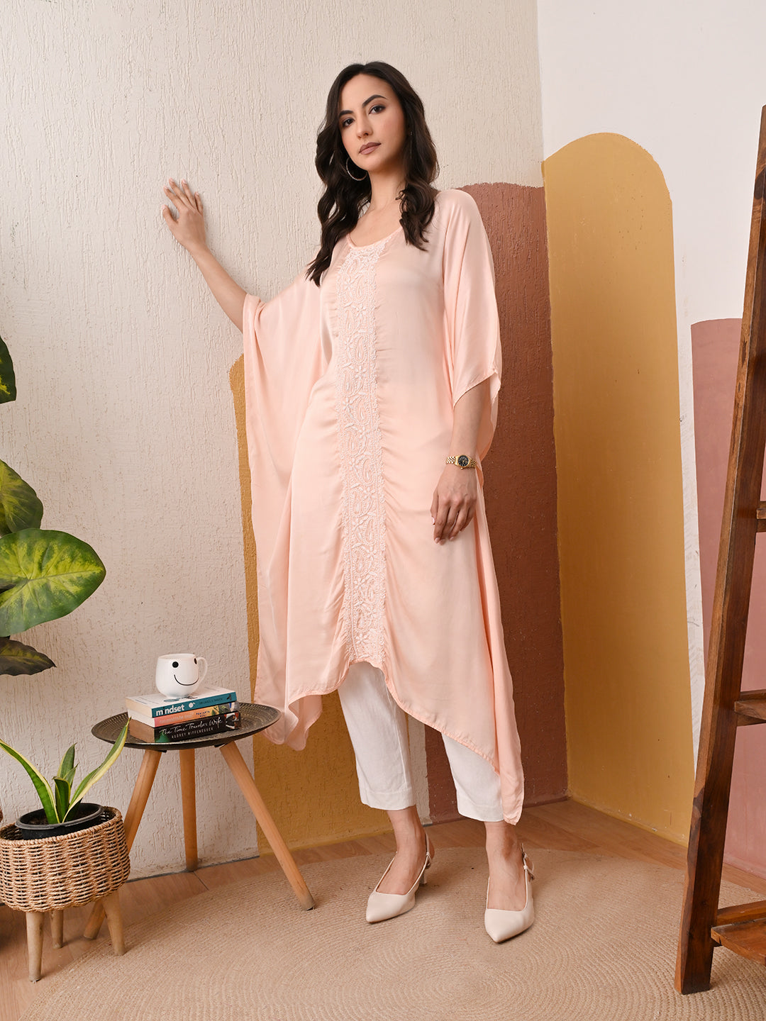 Satin Chikankari Kaftan - Peach