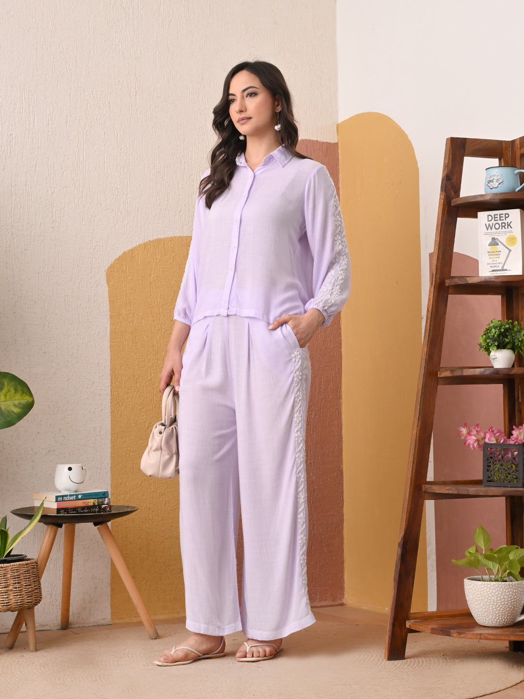 Flowy Rayon Chikankari Co-ord Lounge Set - Lavender