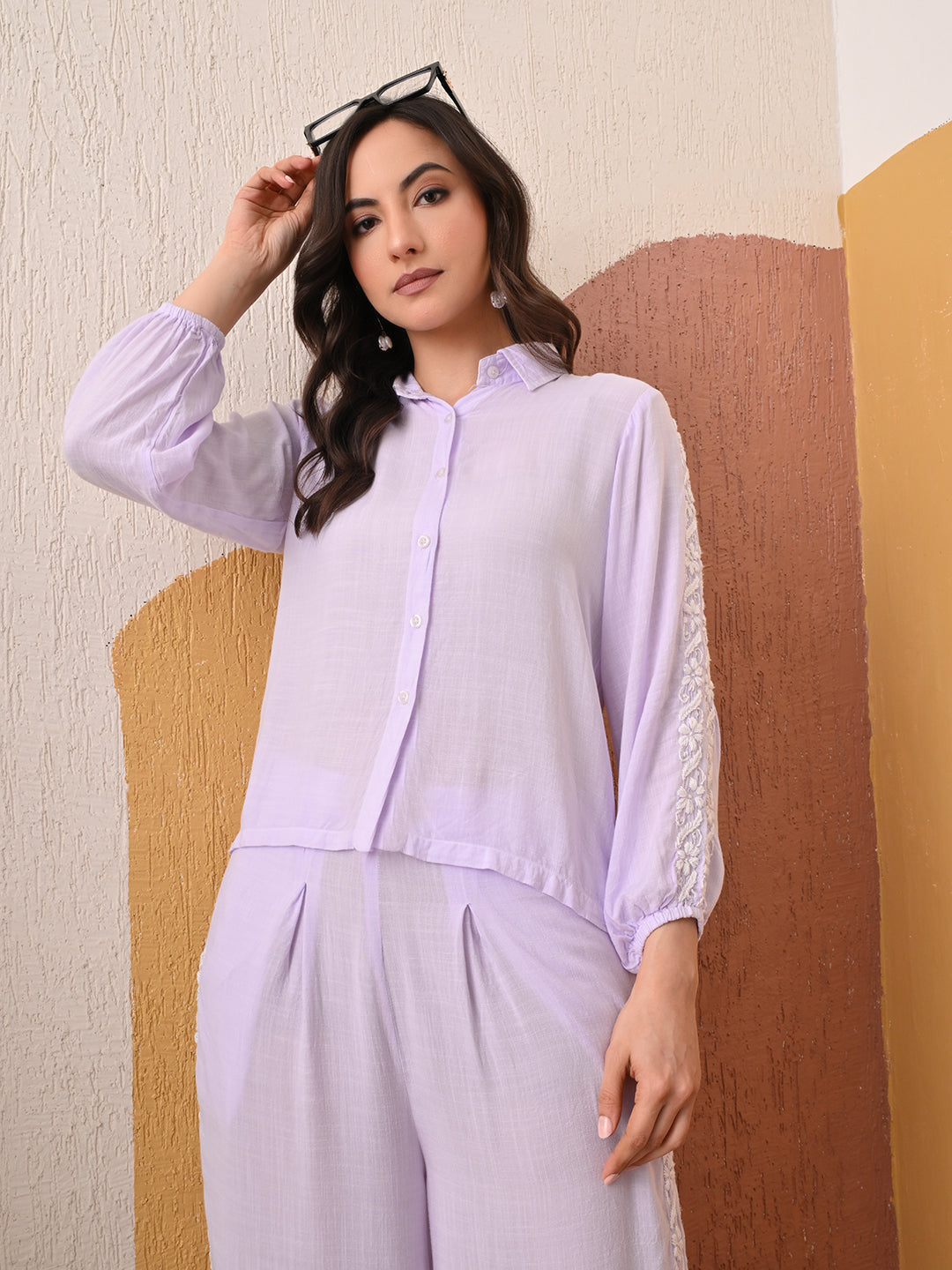 Flowy Rayon Chikankari Co-ord Lounge Set - Lavender