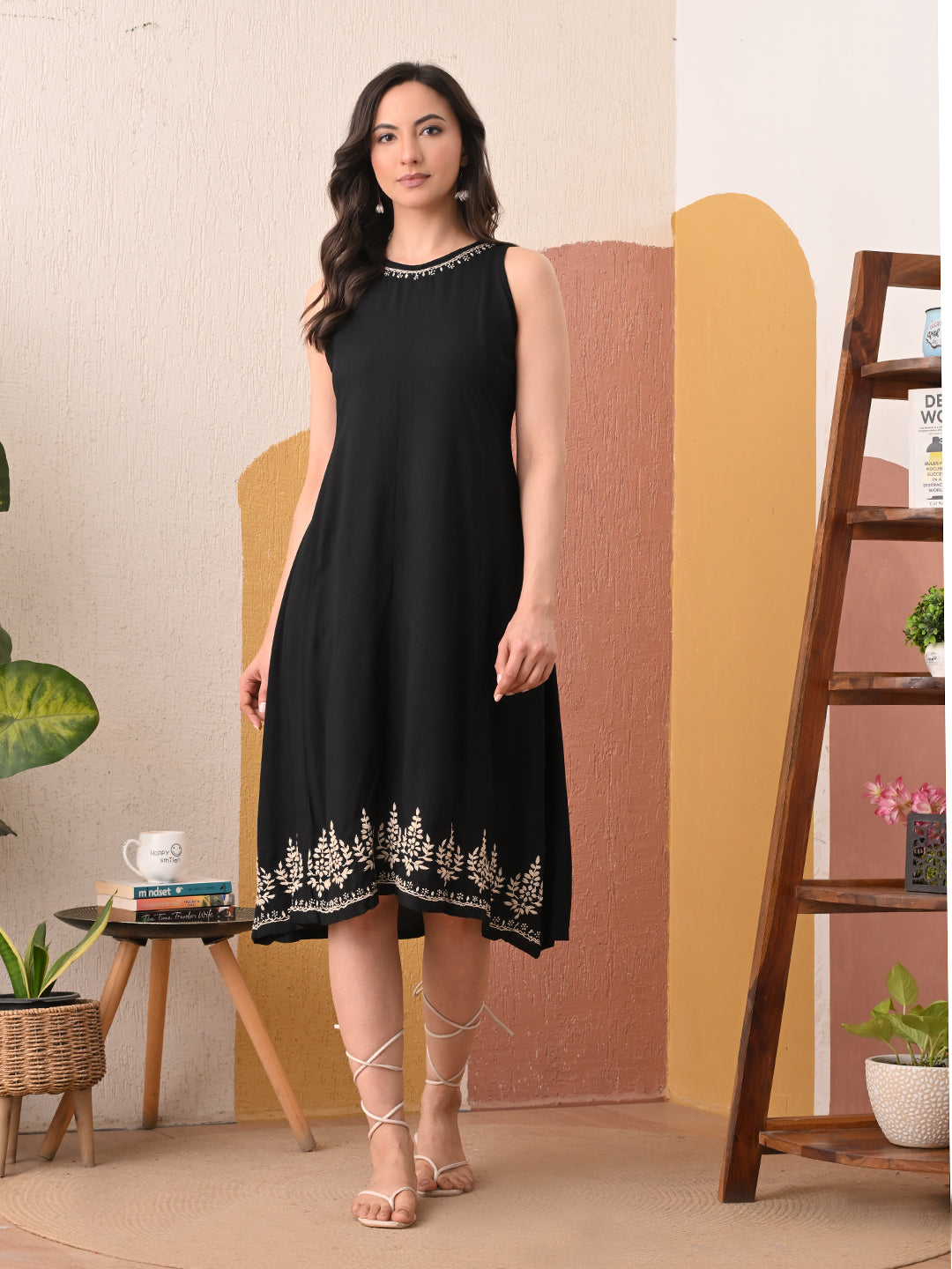 Luxe Fit & Flare Midi Chikankari Dress - Black