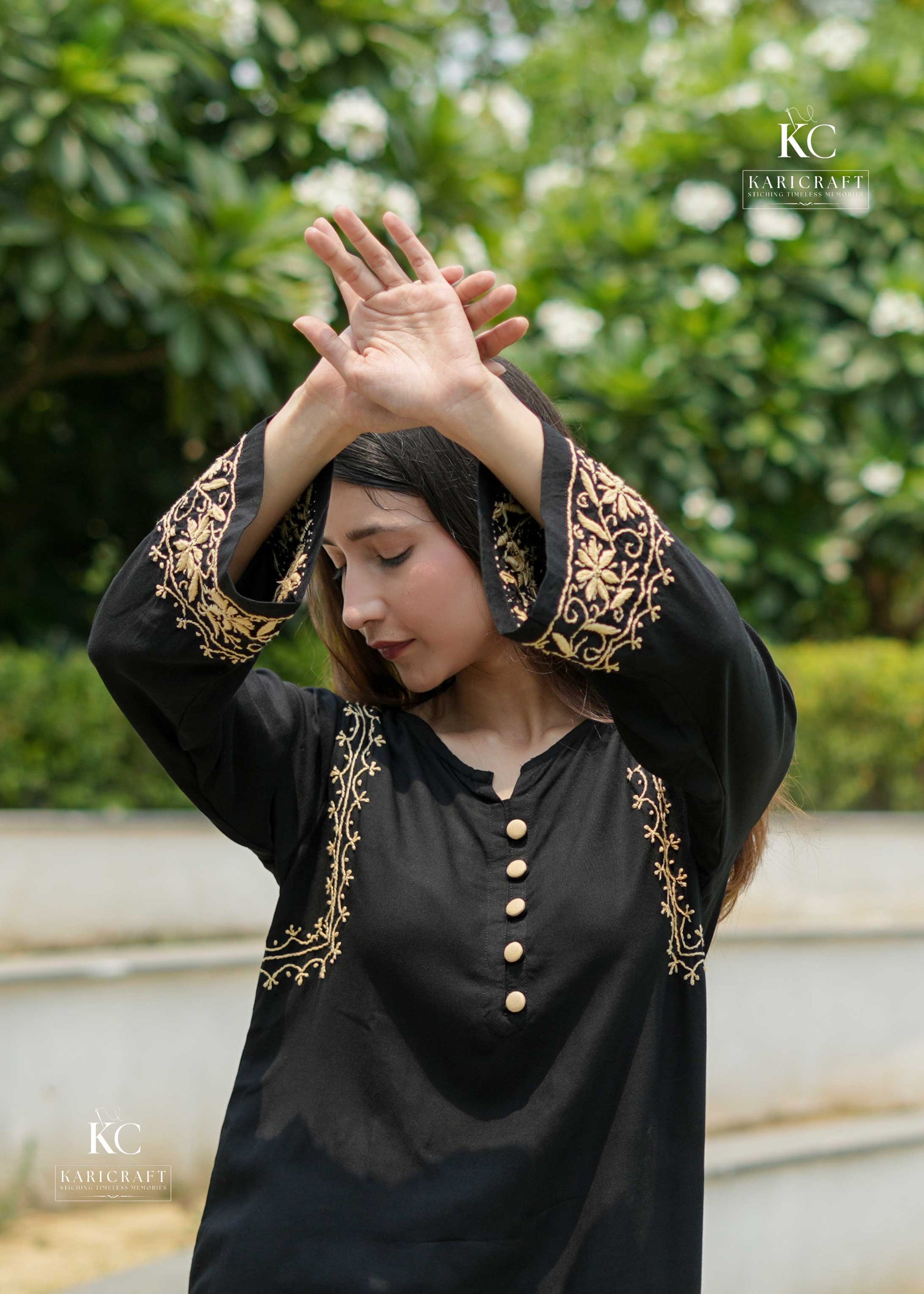 Side profile of black rayon kurta dress for women – KariCraft ethnicwear