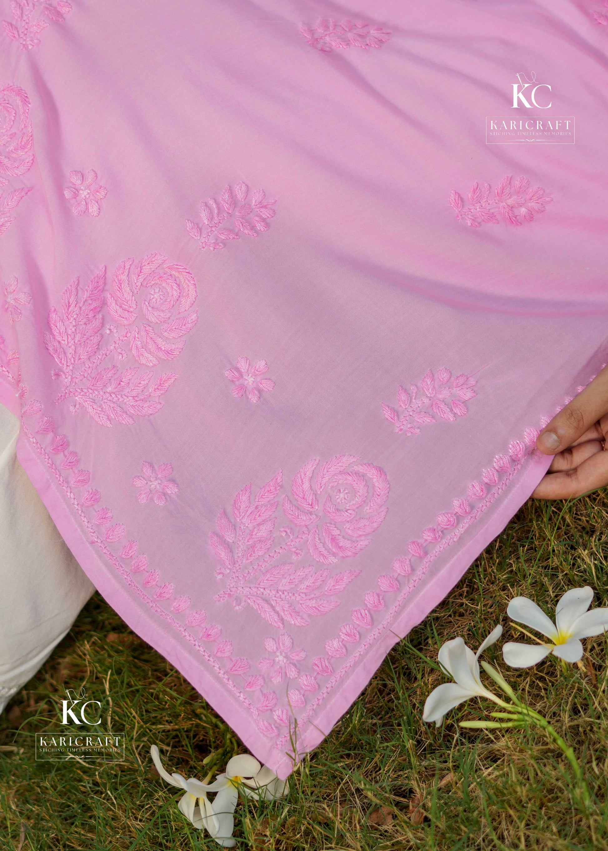 Soft pink modal kurta with handcrafted Lucknowi detailing